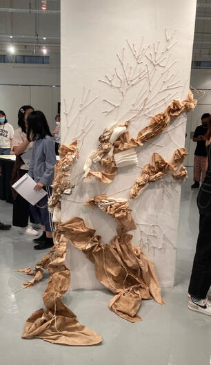 pilot, done in collaboration with amber ng and andrew huang. twine, cotton pads, rice paper, coffee. displayed in lasalle&#39;s tropical lab, 2022